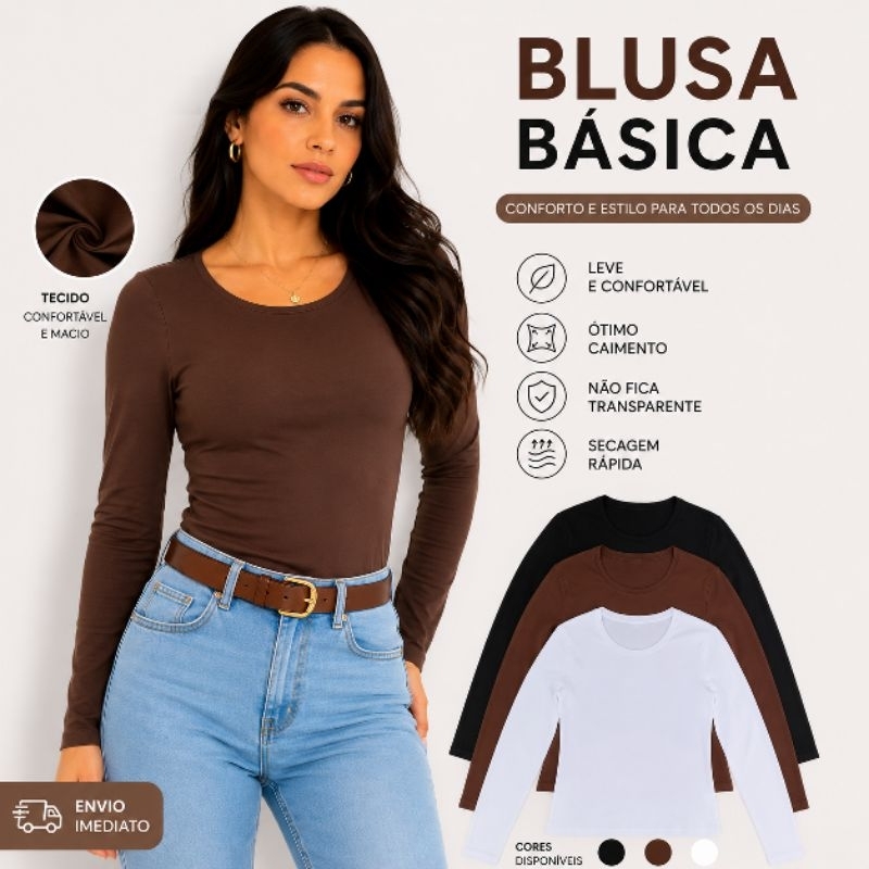 Blusa de frio feminina manga longa gola redonda suplex premium blusinha segunda pele inverno