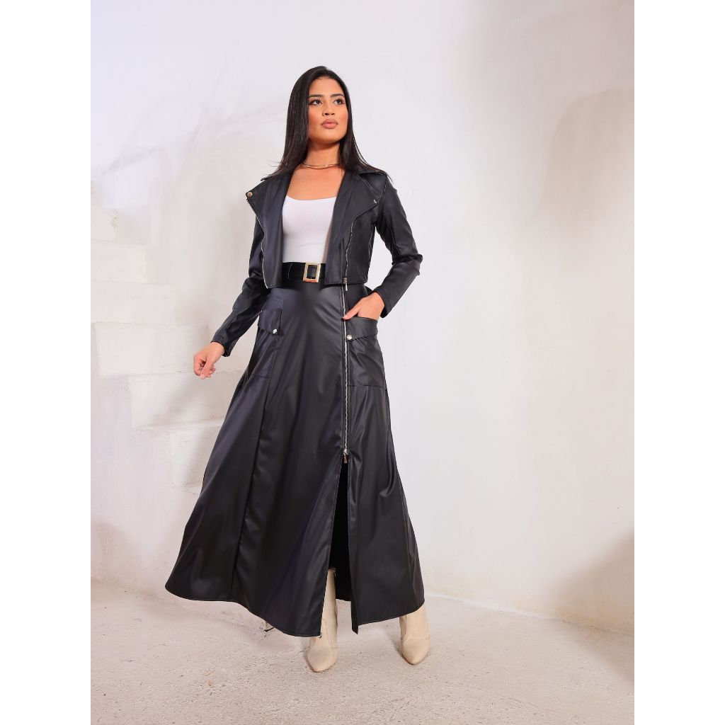 Conjunto Feminino Couro Fake Jaqueta Cropped E Saia Longa Com Zíper Casual Chic P M G GG
