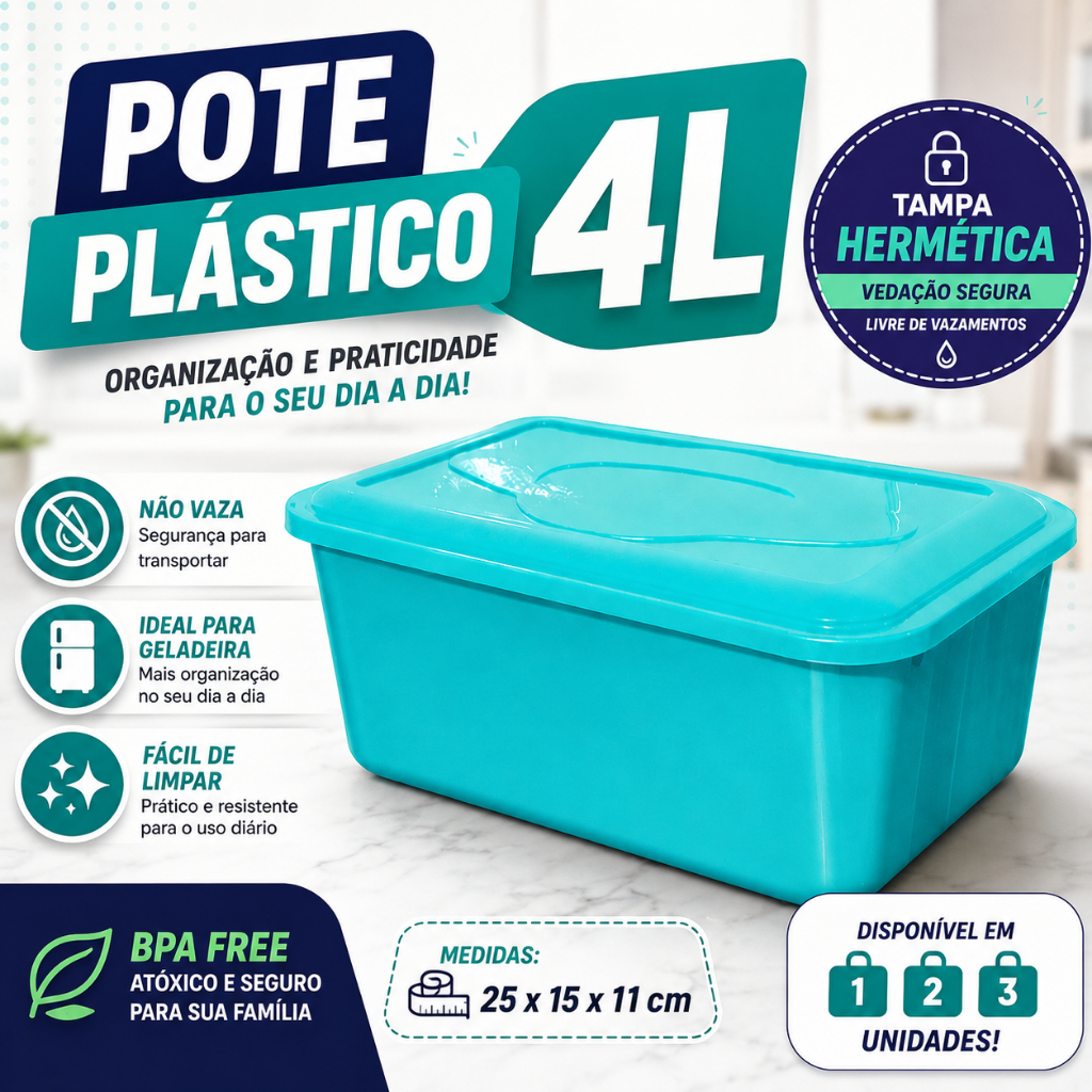 POTE HERMÉTICO 4L COM TAMPA ORGANIZADOR DE MANTIMENTOS BPA FREE GELADEIRA