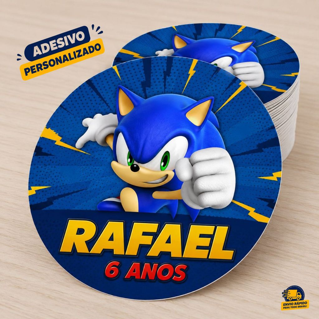 120 Adesivos Sonic Personalizados | Festa Sonic | Nome e Idade | 4x4cm