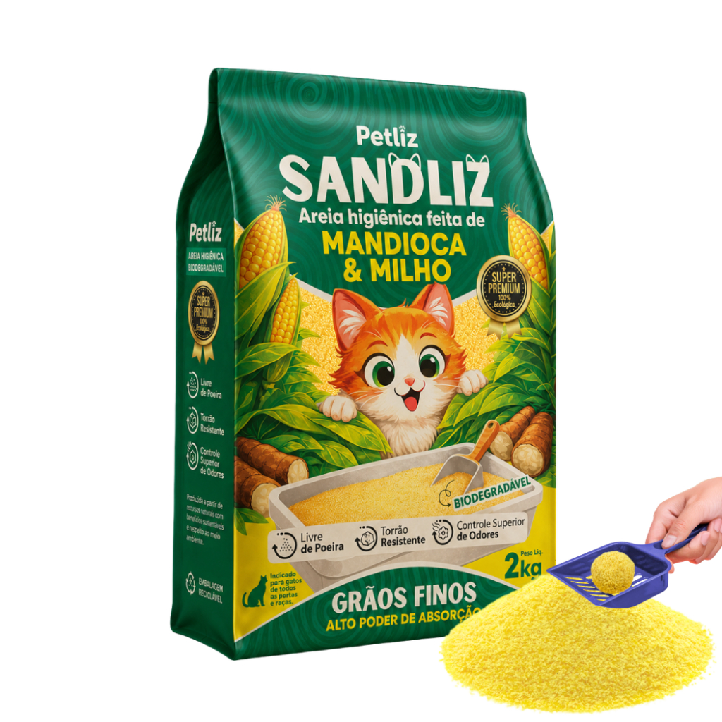 Areia Sanitária Higiênica Natural Premium Grãos Finos de Milho e Mandioca Gatos Sandliz Petliz 2 kg