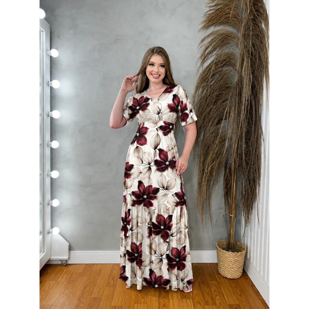 Vestido Longo Tule Estampado Manga Punho