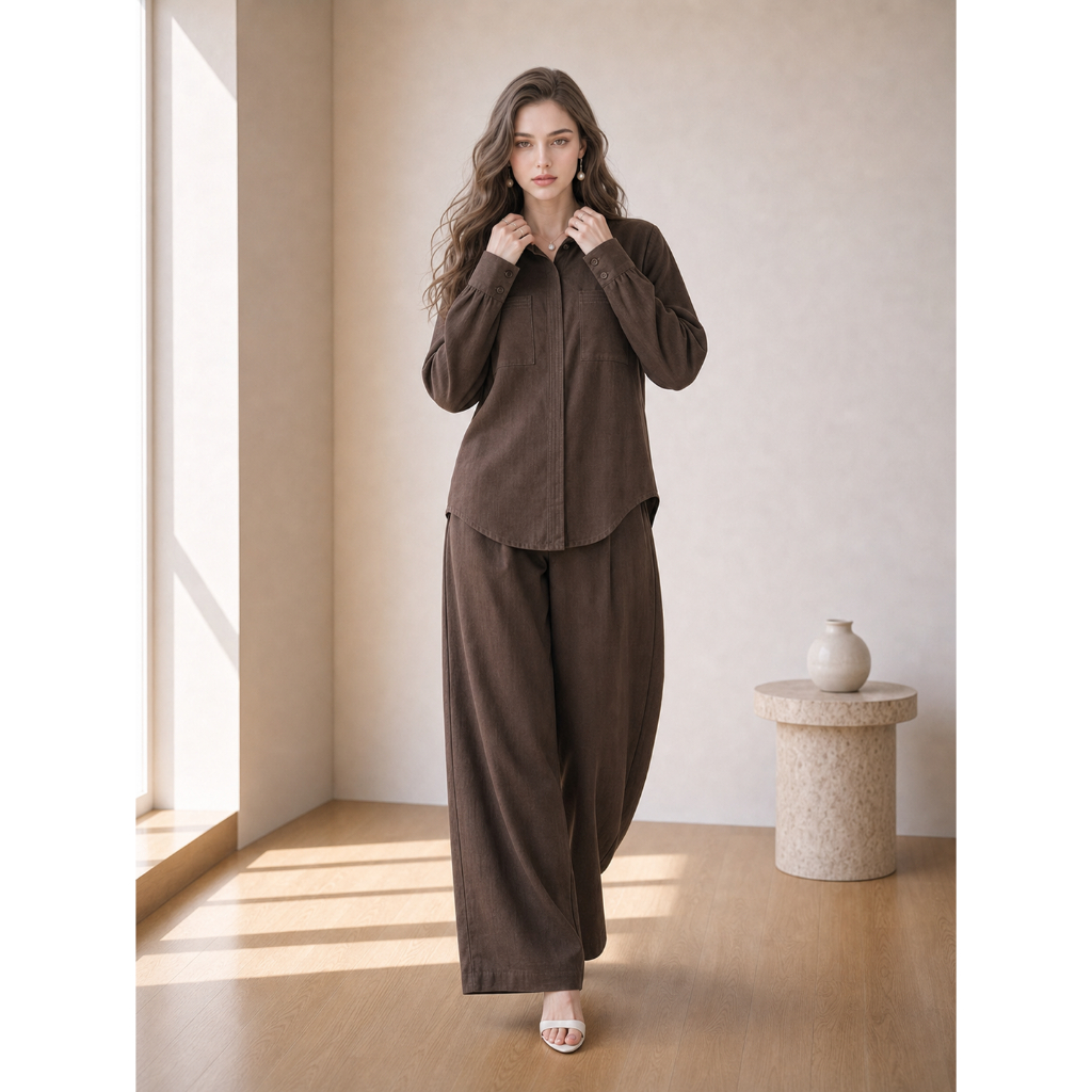 Conjunto 8026 camisa e calca pantalona tecido linho com bolso frontal e lateral barra redonda