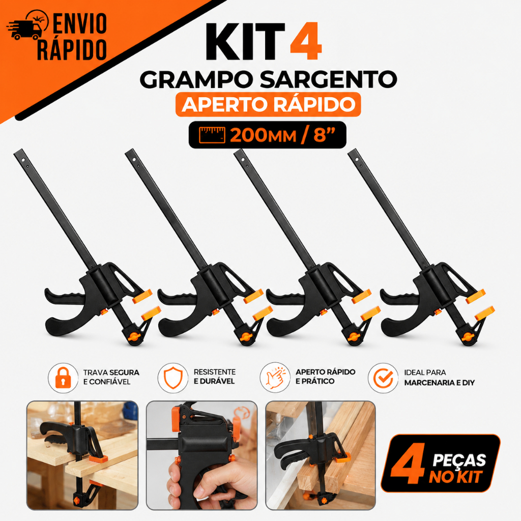 Kit 2 - 4 Grampo Sargento Aperto Rápido 200mm 8 Polegadas Marcenaria