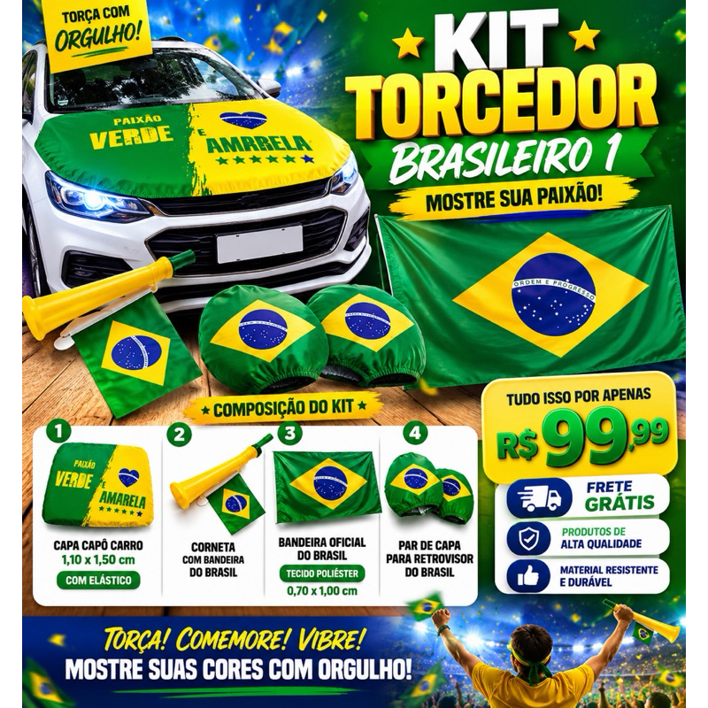 KIT TORCEDOR  1  - 1 capa capo paixão verde e amarelo , 1 corneta com bandeira, 1 bandeira 0,70x1,00, 1 capa retrovisor