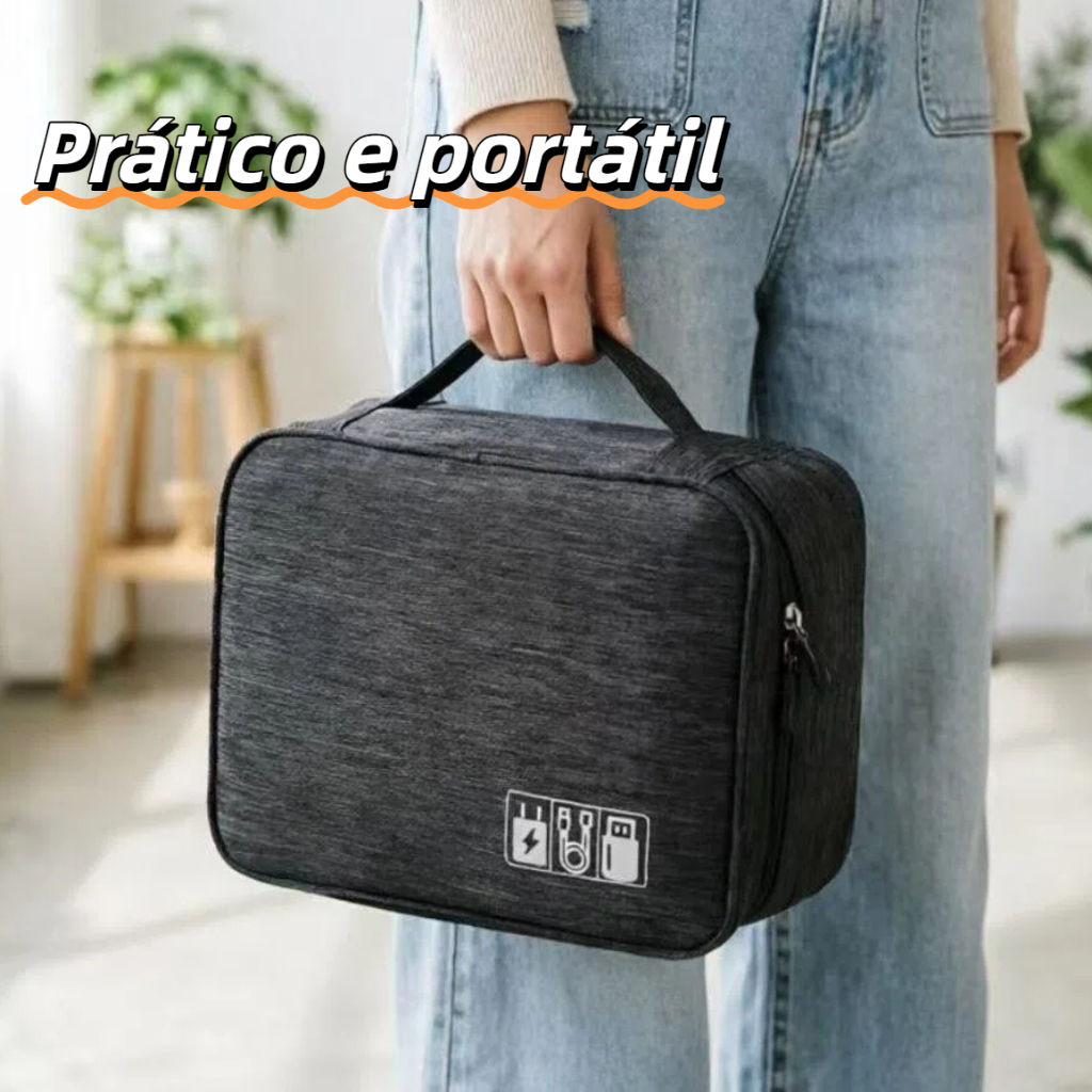 Bolsa Organizadora Multifuncional para Acessórios Eletrônicos com Grande Capacidade Zíper Duplo Alça e Bordas Reforçadas