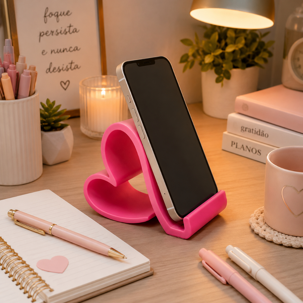 Suporte Celular Mesa Formato Coração - Base Decorativa Presente Sala Escritório Iphone Smartphone
