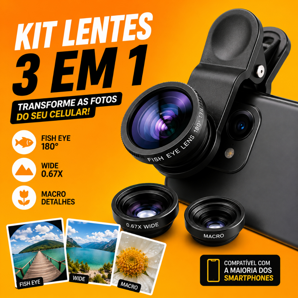 Kit Lentes para Celular 3 em 1 Fish Eye Macro Wide para Fotos e Vídeos