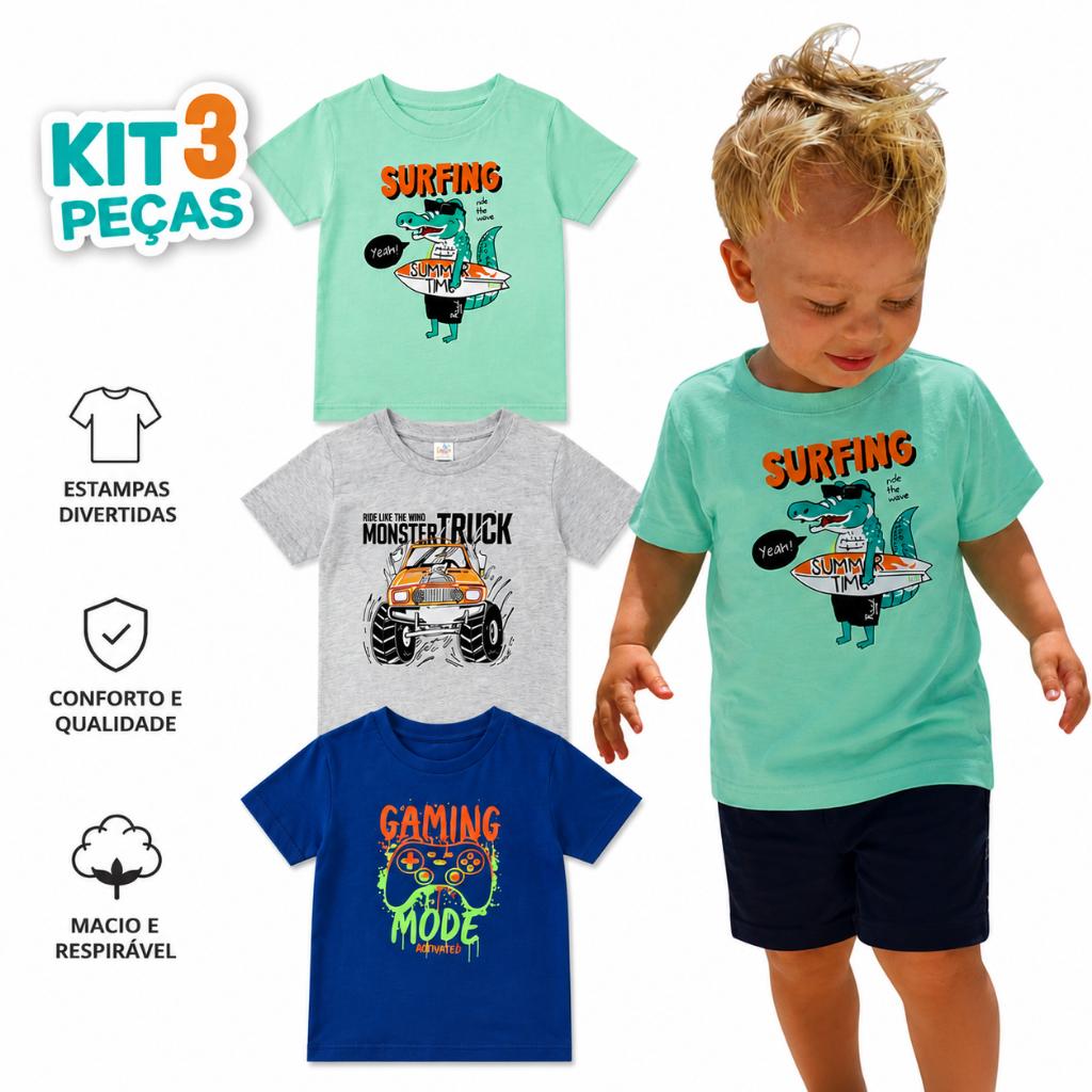 Kit 3 camisetas masculinas infantil - kit com cores e estampas variadas para meninos