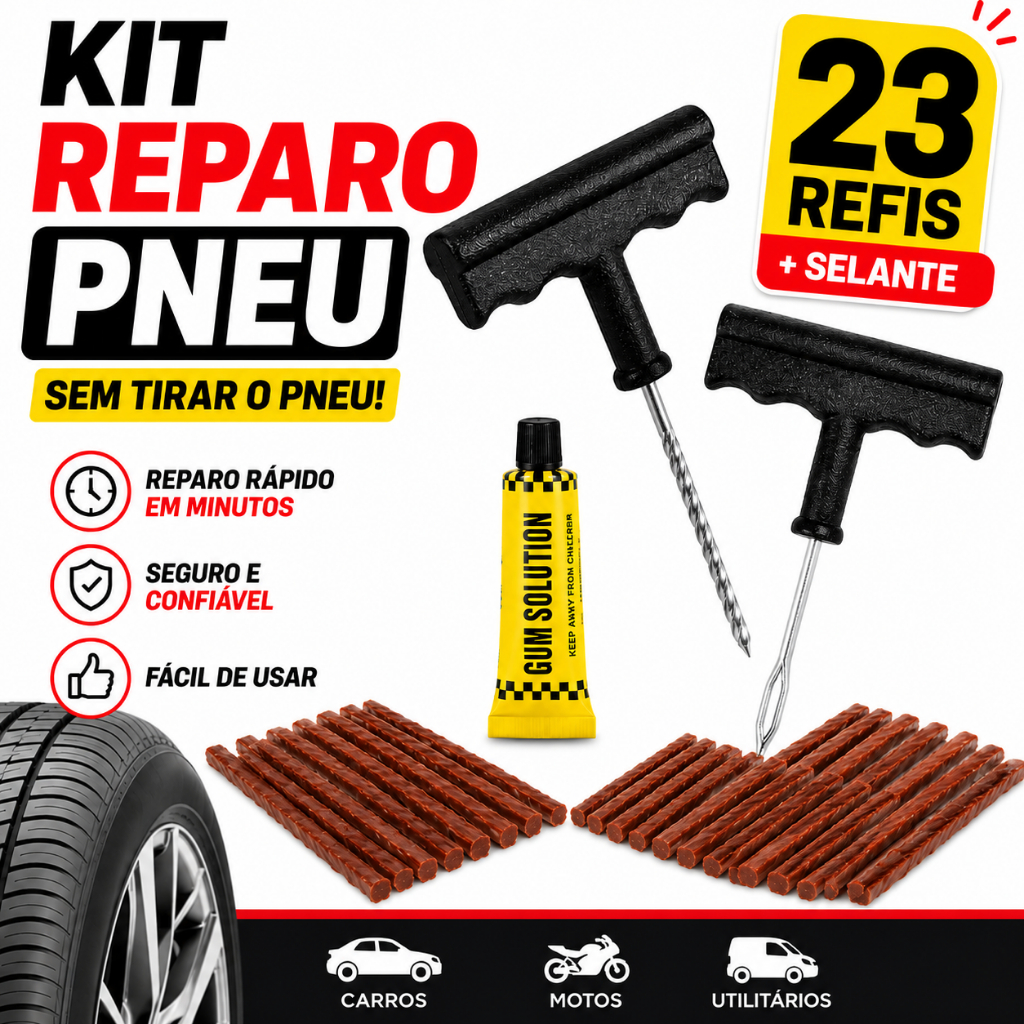 Kit Reparo Pneu Macarrão Moto Carro 23 Refis Remendo Selante Conserto Sem Câmara Profissional