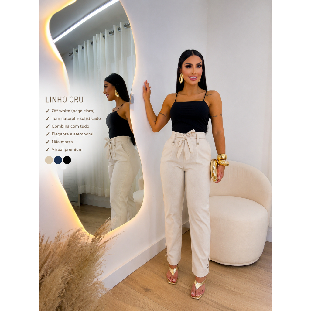 Calça Feminina De Linho Cintura Alta Com Amarração e Botao Alfaiataria Social Casual Elegante