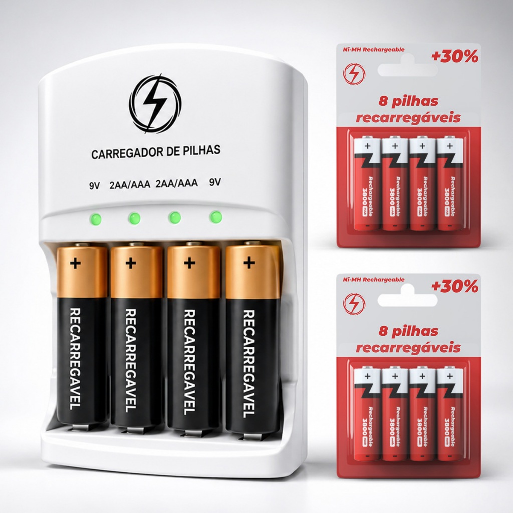 Carregador de Pilhas Recarregáveis AA/AAA/Bateria 9v 1.2V