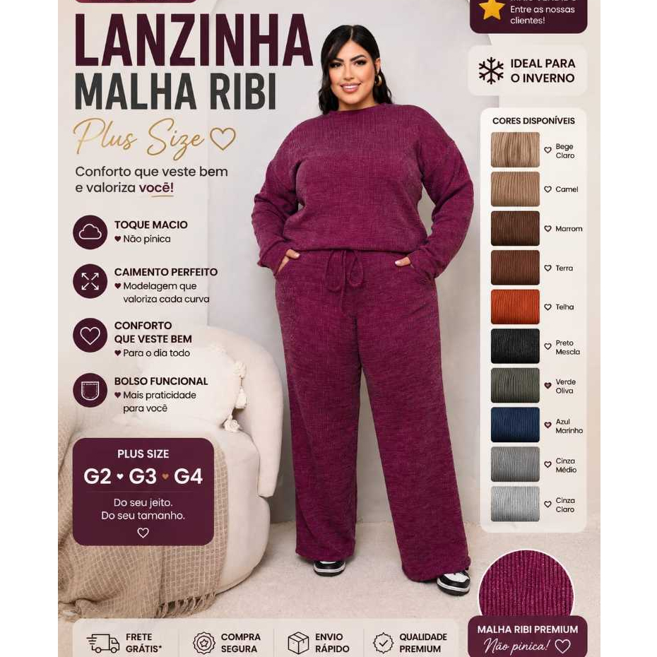 Conjunto Femenino Plus Size Lanzinha Ribi Inverno G2-G3-G4 blusa manga longa calça pantalona,Quente,confortavel