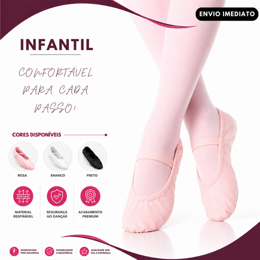 Sapatilha de Balé Infantil Korino Meia Ponta Couro Sintético, Dança Clássica Para Crianças 22 ao 31