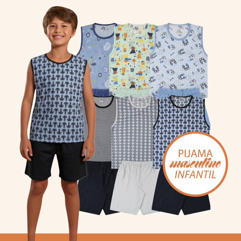 Pijama Masculino Infantil Conjuntos 100% Poliéster Leve e Confortável Verão