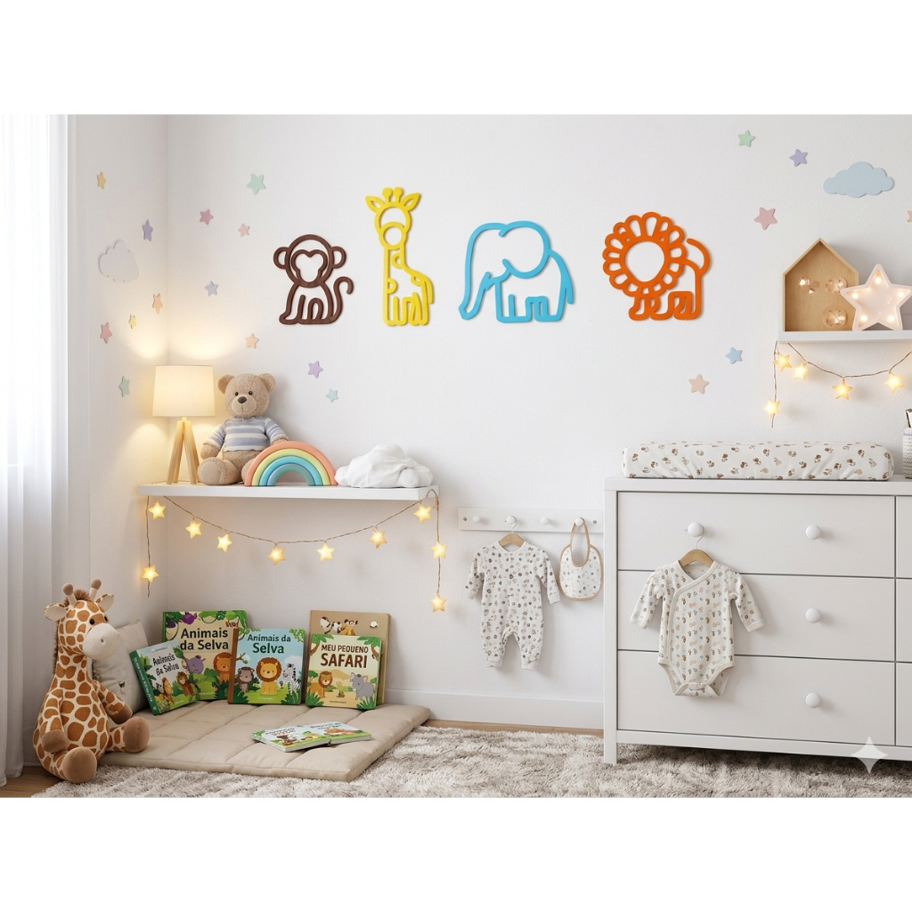 Kit Safari Decorativo Quarto Bebê Animais Selva Girafa Elefante Leão Macaco Impressão 3D