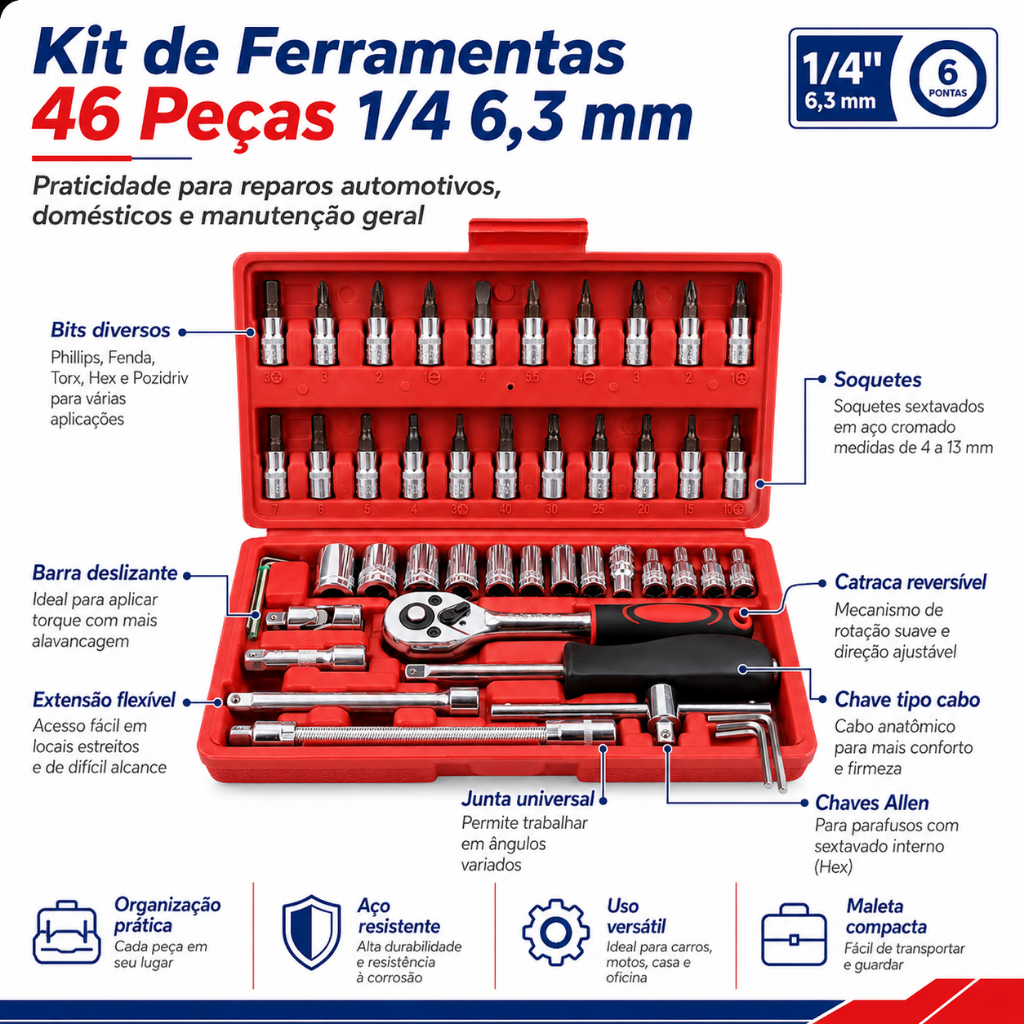 Kit Jogo Chave Catraca Maleta Soquete 46 Peças 1/4 Maleta com soquete reversível resistente aço inox