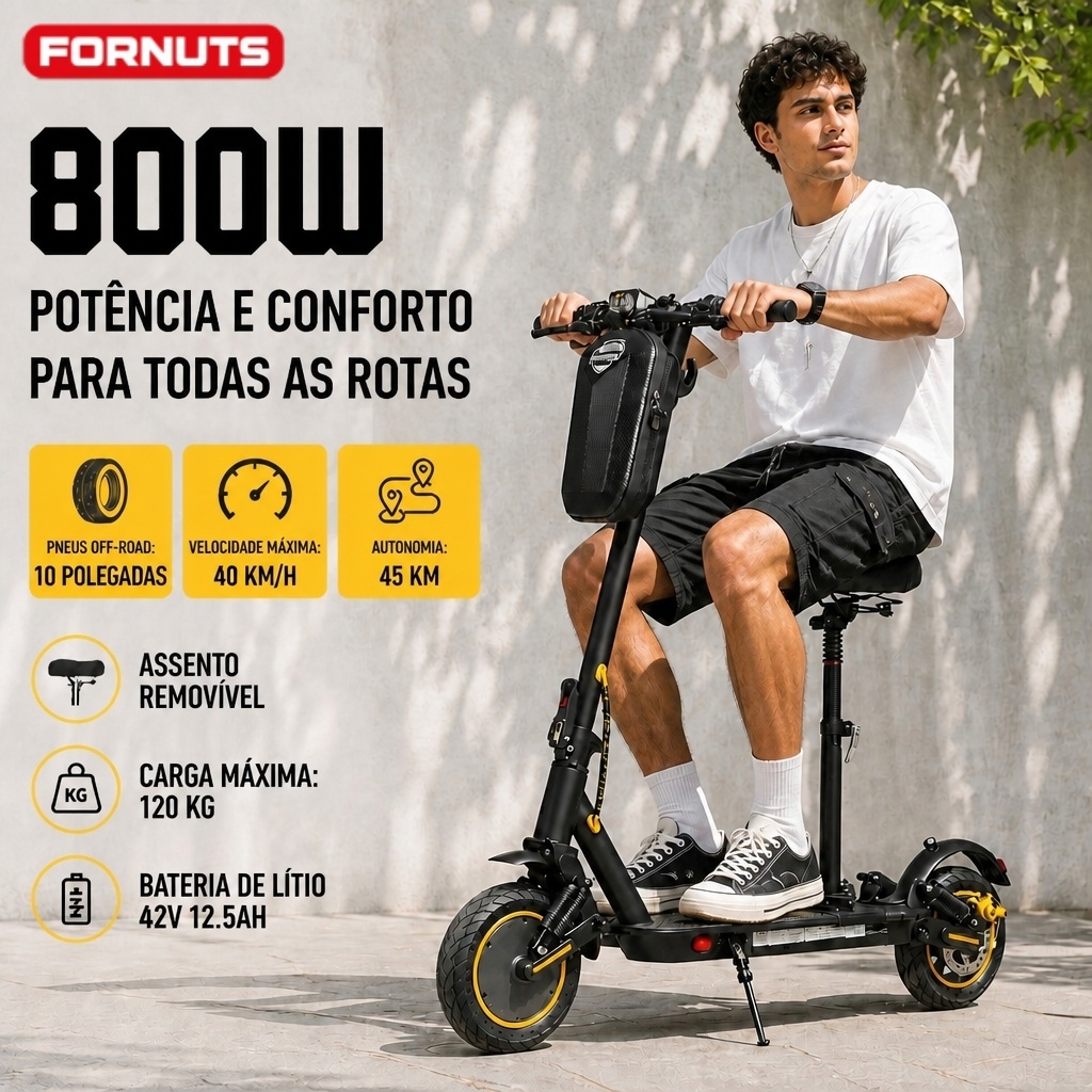 FORNUTS Patinete Elétrico 800W 10" 45km 12.5AH Scooter Elétrica Com Aplicativo Bluetooth