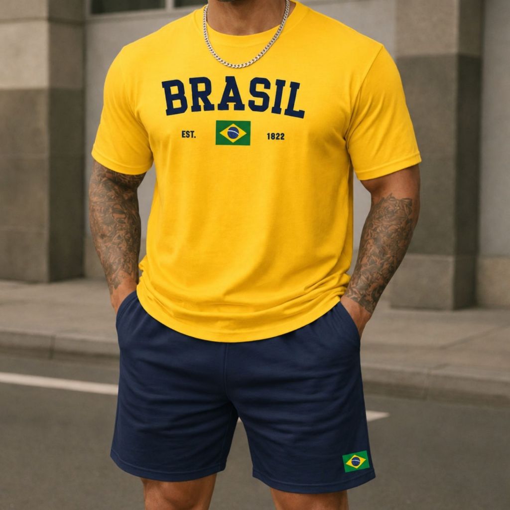 Conjunto Camiseta Básica Masculina Algodão + Bermuda Tactel com Bolso Brasil Copa do Mundo