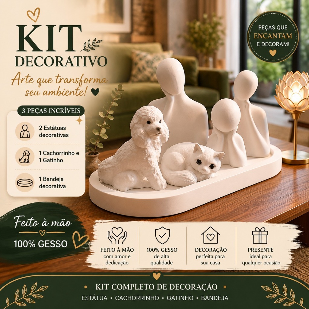 Kit Estatuas de Gesso Familia PAI FILHO MAE + Cachorro e Gato e bandeja pr decorações