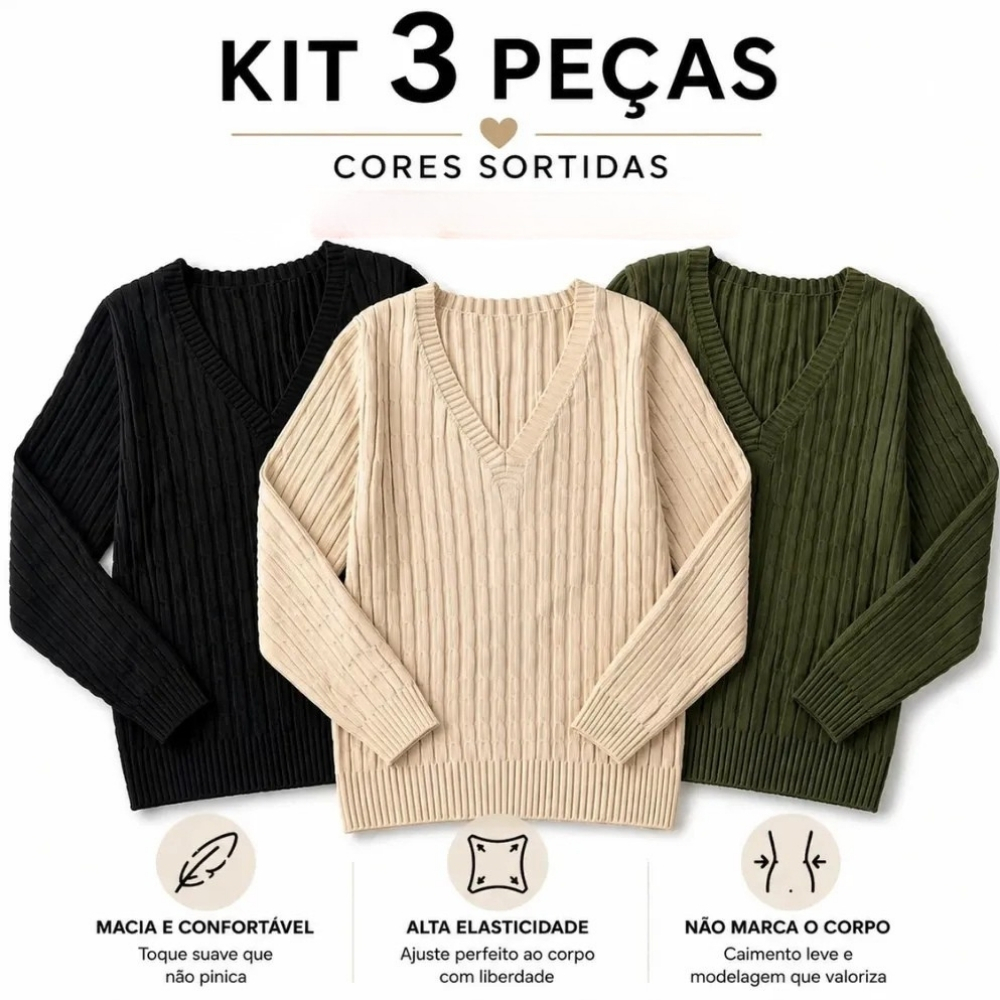 Kit 3 Blusas Tricô Feminina Gola V Canelada Fio Trançado Manga Longa Inverno Básica Confortável