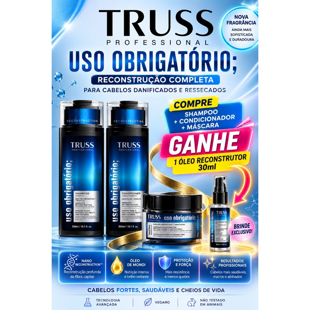 Kit Truss Profissional Uso Obrigatório Shampoo Condicionador Máscara e Óleo Reconstrutor