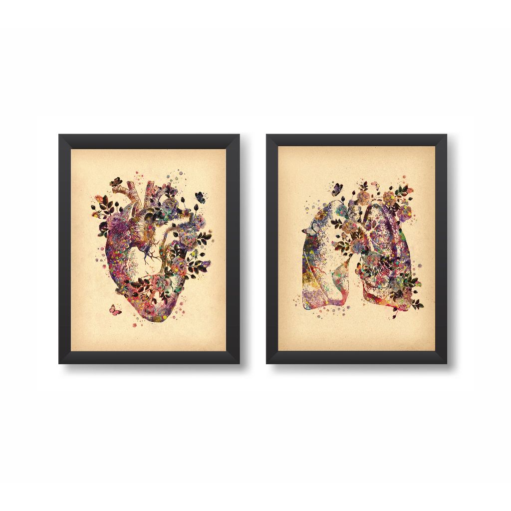 Kit 2 Quadros Decorativos Coração Pulmão Floridos Decoração Consultório Médico Moldura 20x30cm Madeira