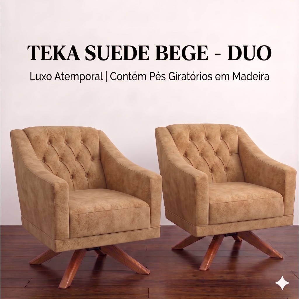 Kit 2 Poltronas Teka Giratórias Suede Bege Luxo Premium Capitonê