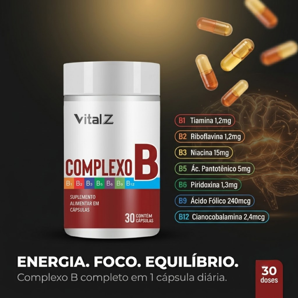 Complexo B 30 Cápsulas | 7 Vitaminas B1 B2 B3 B5 B6 B9 B12 | Energia Disposição e Sistema Nervoso | Suplemento Vitaminas