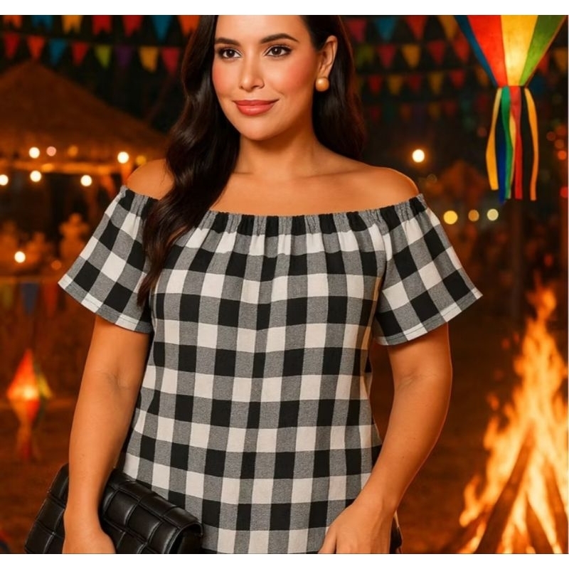 Blusa Xadrez Feminina Ciganinha GG Viscose Moda