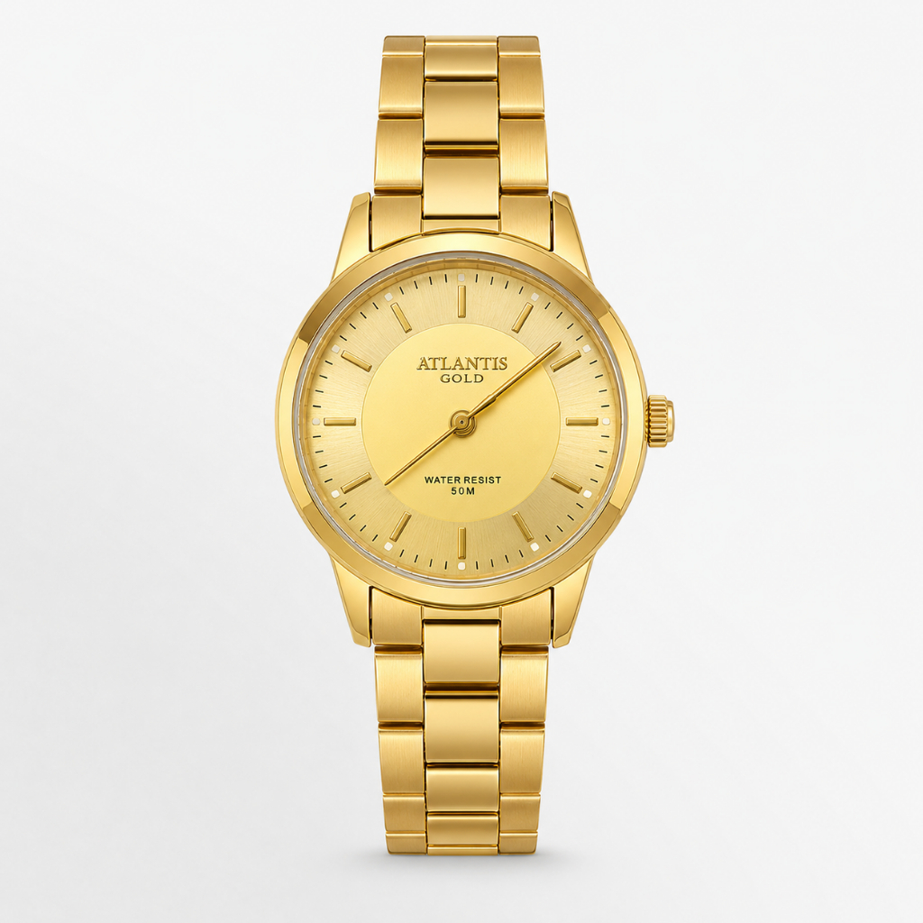 Relógio De Pulso Feminino Atlantis Dourado Social Aço Luxo Fecho Dobrável.