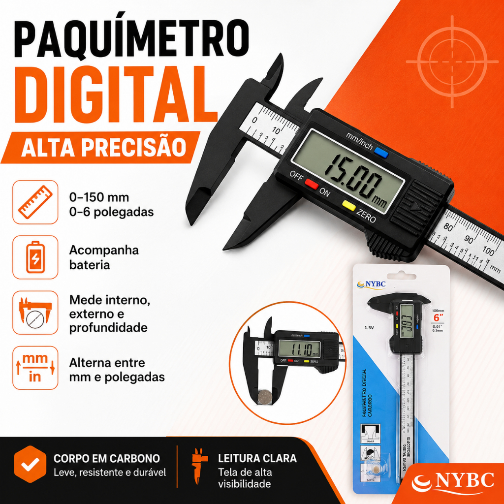 Paquímetro Digital em Carbono – Precisão Avançada com Bateria Inclusa - NYBC