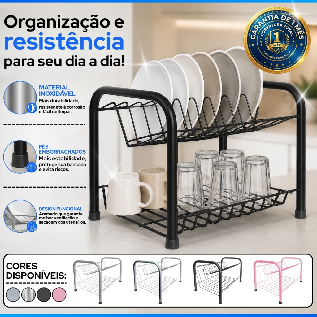 Escorredor De Pratos /  Louças Duplo Cromado Inox Cozinha 13 Pratos Rosa Preto Cromado