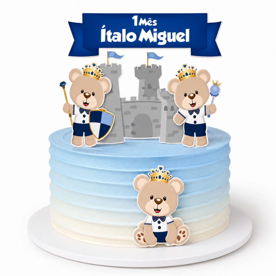 Topo de Bolo Ursinho Príncipe Personalizado Nome e Idade Menino Mesversário Aniversário