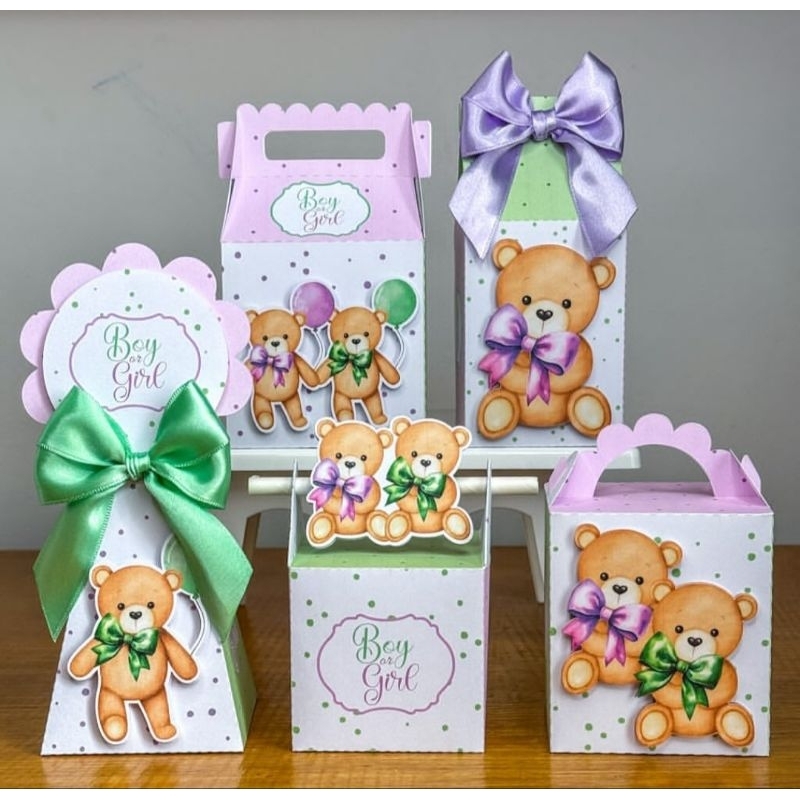 Kit Caixinhas Personalizadas Chá Revelação Verde e Lilás/SEMI MONTADAS/Lembrancinhas Para Chá Revelação Ursinho