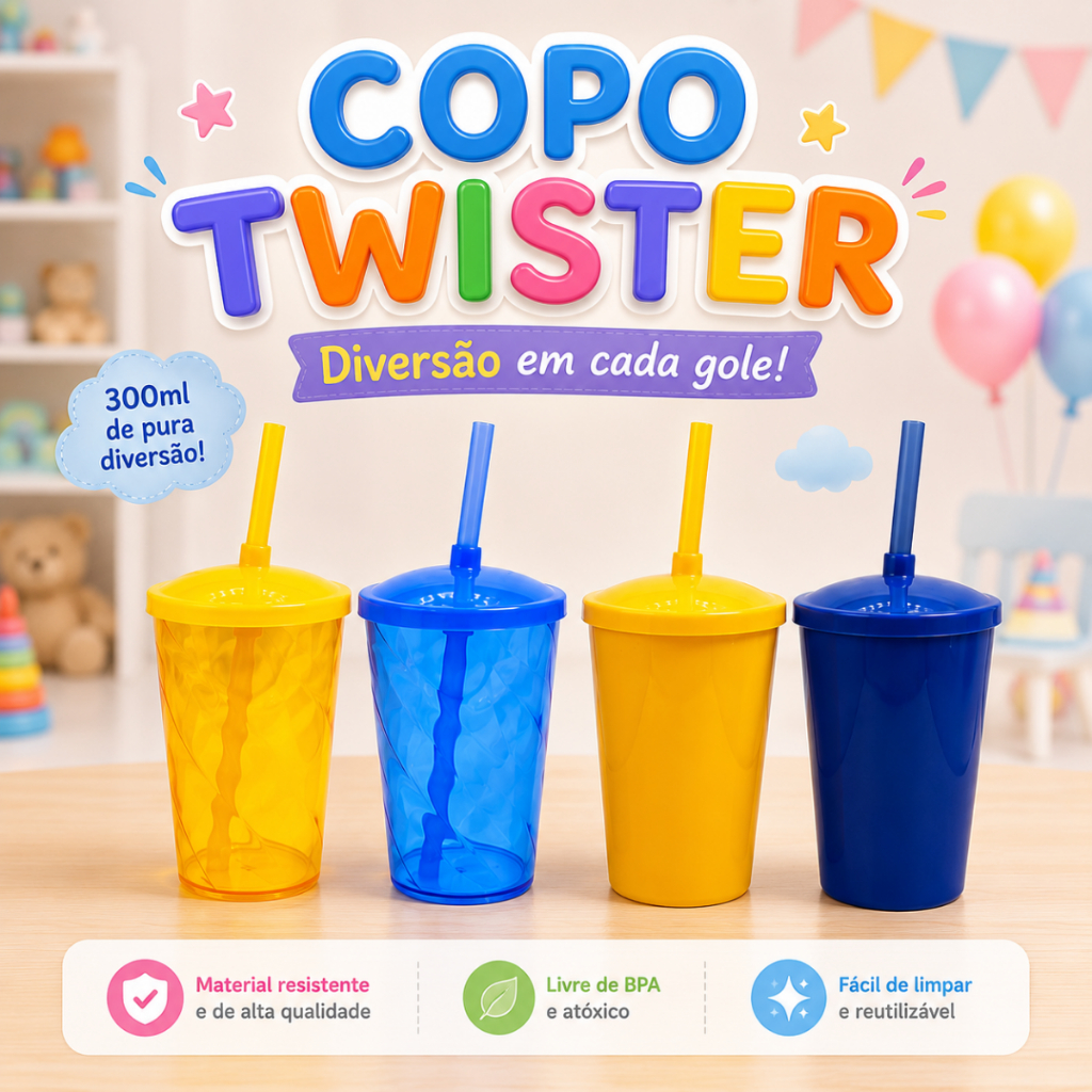 KIT 15 COPOS TWISTER 300ML LISO COM TAMPA E CANUDO PARA PERSONALIZAR ADESIVAR FESTA