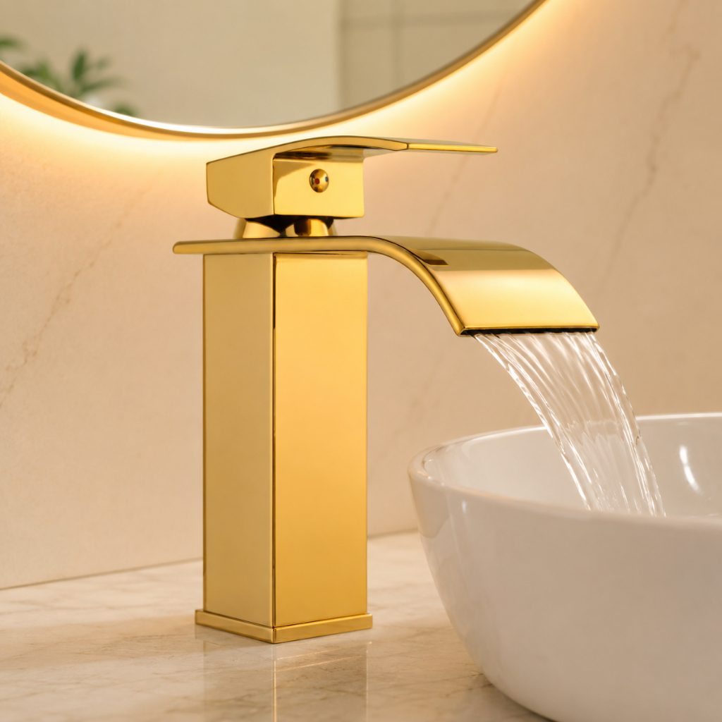 Torneira Monocomando Banheiro Dourada Gold Cascata Metal Para Pia Cuba Lavabo Bancada Design e Luxo