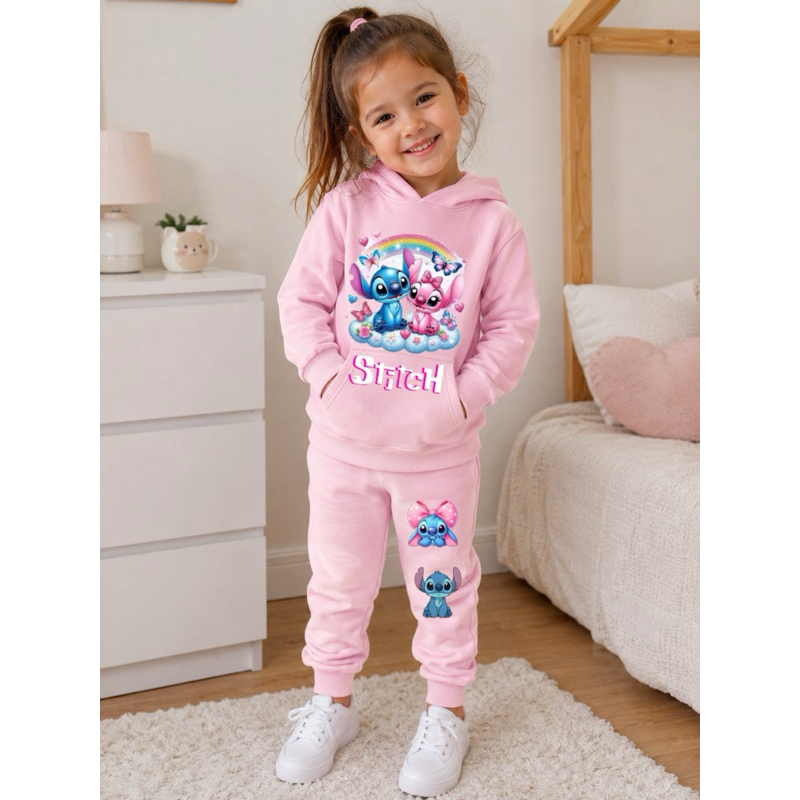 Conjunto Moletom Stitch Infantil Menina Com Capuz Calça Jogger Agasalho Roupa Infantil Inverno Flanelado Canguru