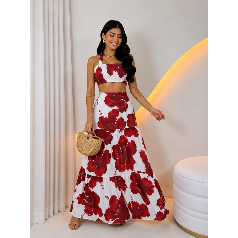 Conjunto Feminino Cropped de Alça + Saia Longa Floral Elegante, Leve e Confortável