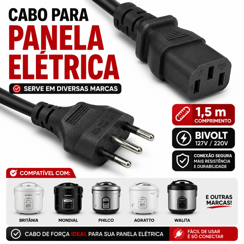 Cabo De Força para Panela De Arroz Elétrica 3L Fio de Energia Tomada Bilvolt 1,50m Várias Marcas