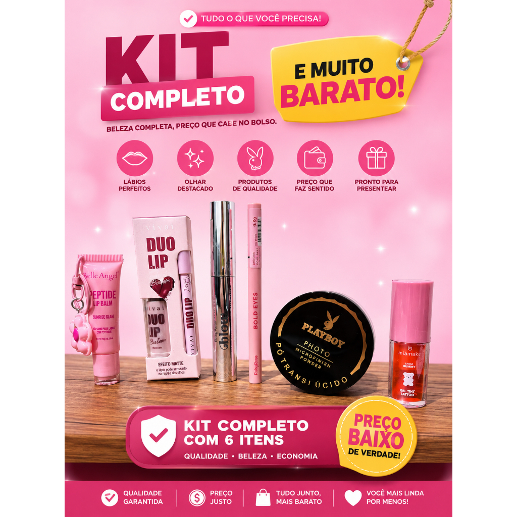 Kit Maquiagem Barato 6 Itens Delineador Rímel Ruby Rose Pó Playboy Lip Combo Vivai Balm e Lip Tint