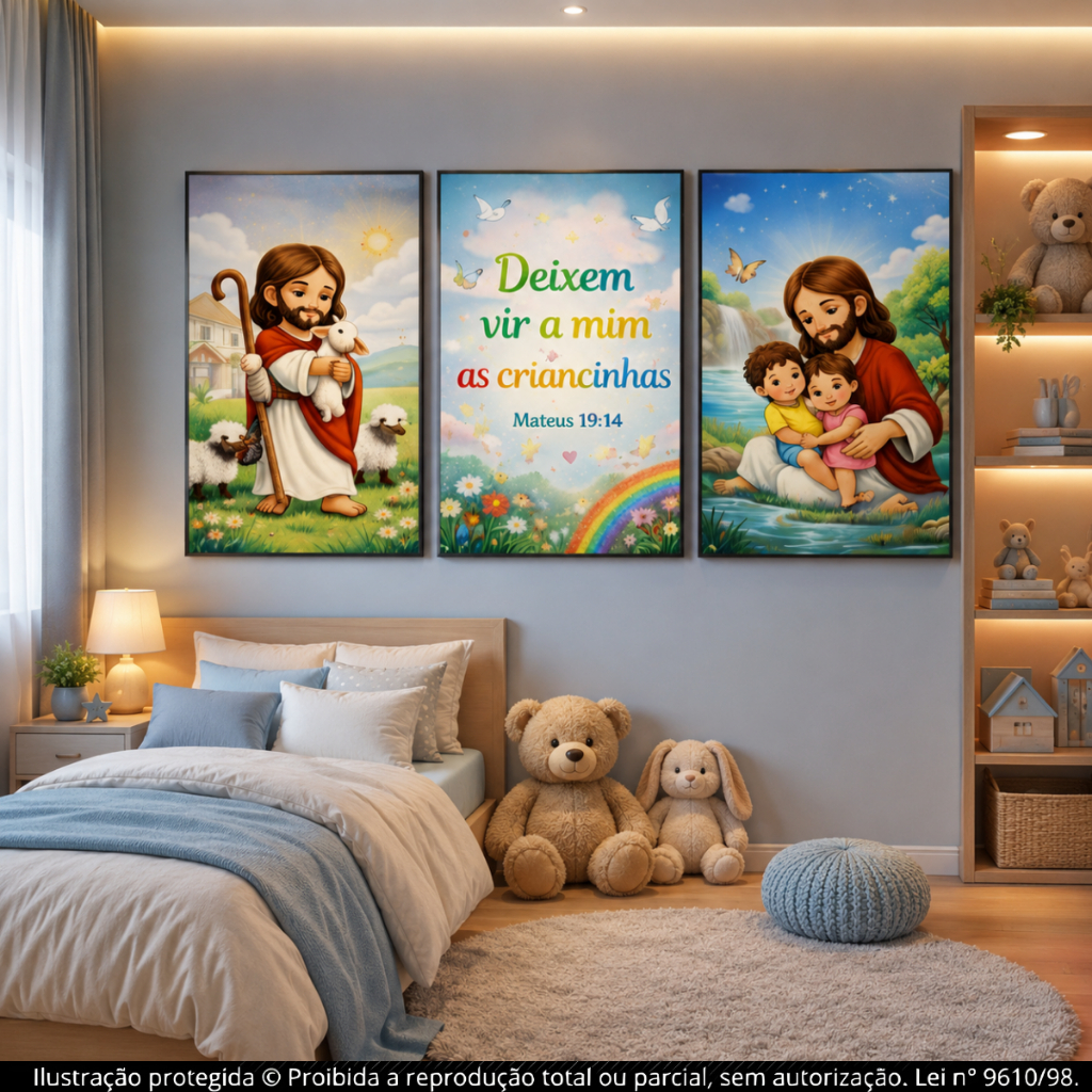 Kit Quadros Decorativos 3 Peças Jesus Crianças Infantil Religioso Versículo Mateus 19:14 Quarto Bebê Decoração Cristã