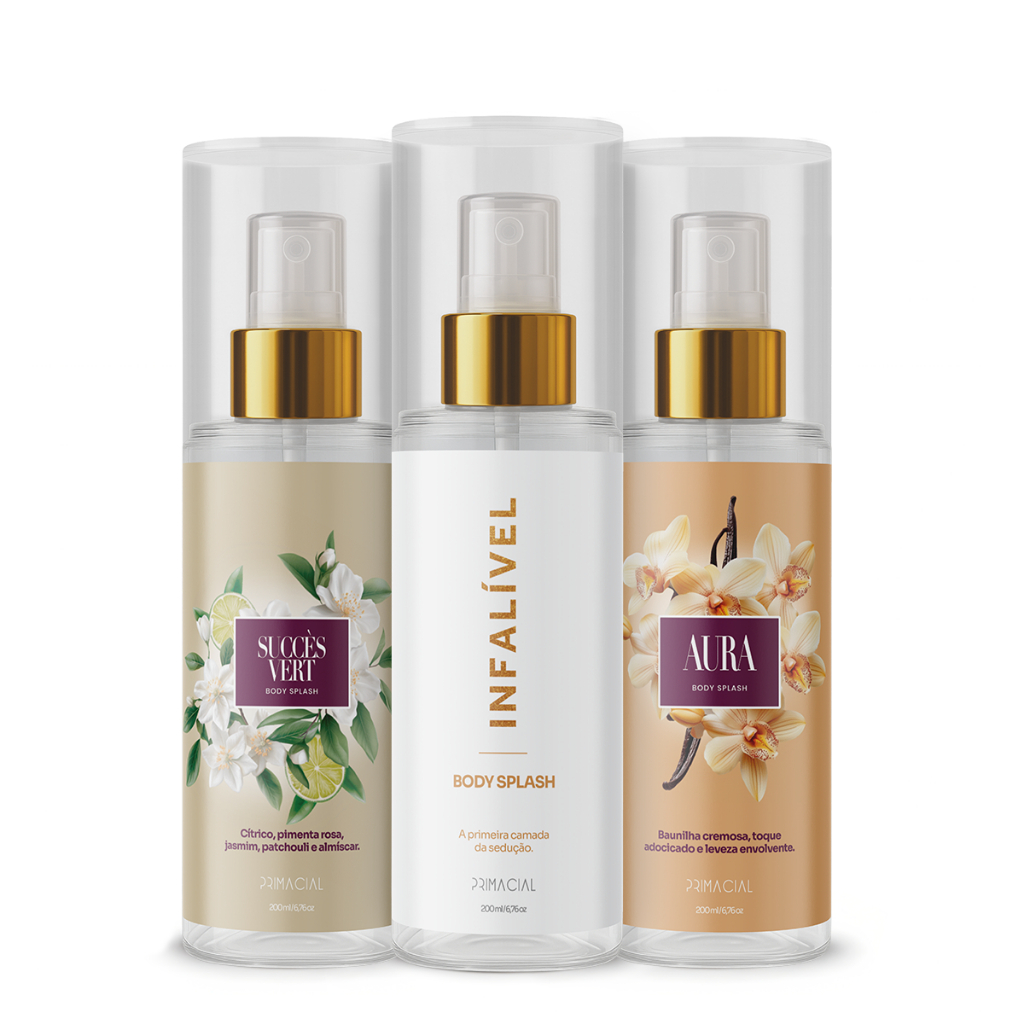 KIT COM 3 BODY SPLASH FEMININO SUCCÈS VERT + AURA + INFALÍVEL 200ML - PRIMACIAL PERFUME FRESCO FLORAL