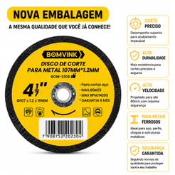 Kit Disco De Corte De Ferro Corte Fino 4,1/7'' 107mm Furo 16mm Bomder