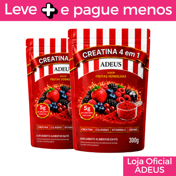 Kit 2 unidades - Creatina 4 em 1 da Marca ADEUS — Frutas Vermelhas 300g | Creatina + Colágeno + Vitamina C + Cromo
