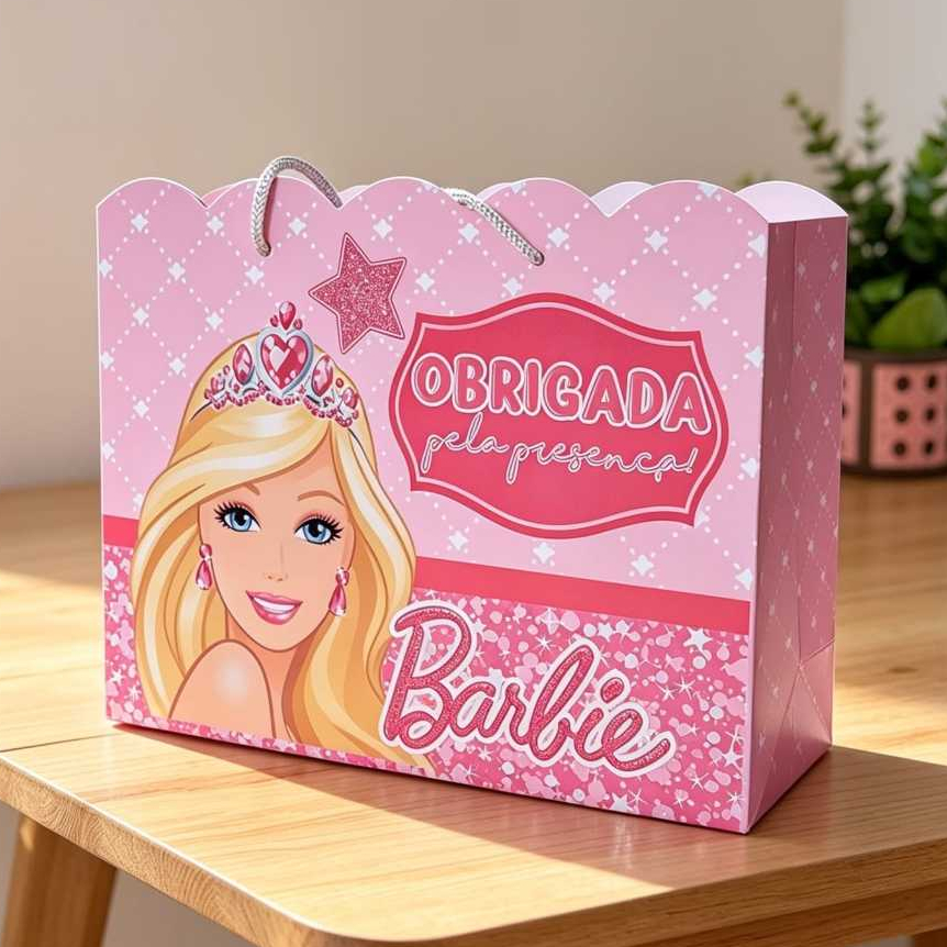 Sacolinha M (19,5x15x7) Personalizada Barbie Pegue e Monte Lembrancinha Festa Infantil Sacola Surpresa