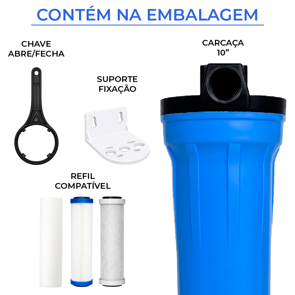 Purificador Carcaça Azul 10 Polegadas Rosca 3/4 Alta Vazão Original Poço Artesiano Pré-Filtro Osmose