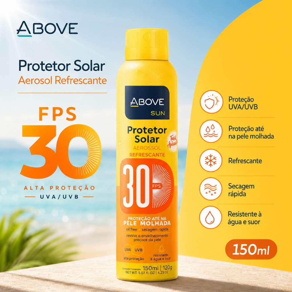 Filtro Solar Protetor Fator FPS 30 Spray Aerossol Leve Não Oleoso Resistente à Água Above 150ml