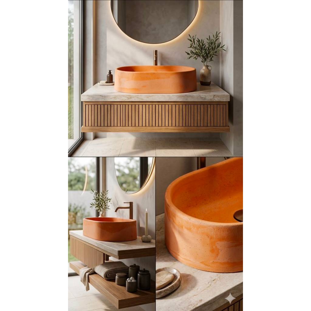 Cuba Pia Apoio Sobrepor Oval Terra Cota Concreto | Design Sofisticado Banheiro e Lavabo