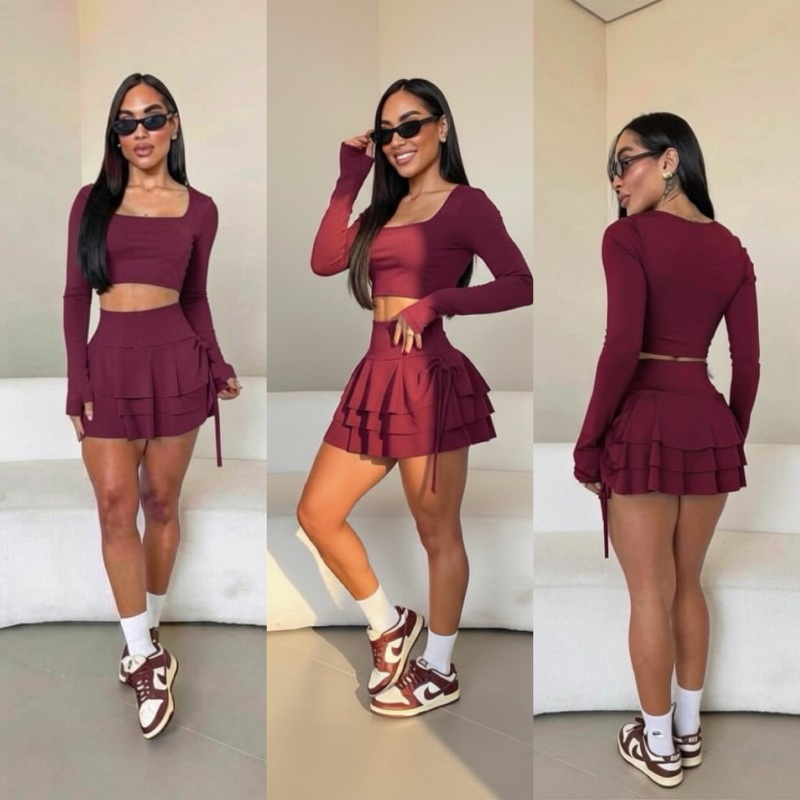 Conjunto  feminino saia short  Mais Cropp manga longa Com bojo Moda Gringa